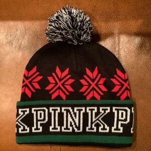 NWOT PINK Beanie Hat Pompom Black Logo Fair Isle Snowflakes Victoria's Secret